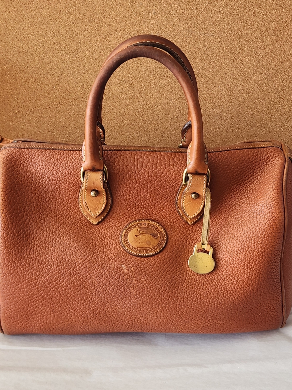 Vintage Dooney & Bourke British Tan Pebbled Leather Satchel Brass Duck Fob Bag